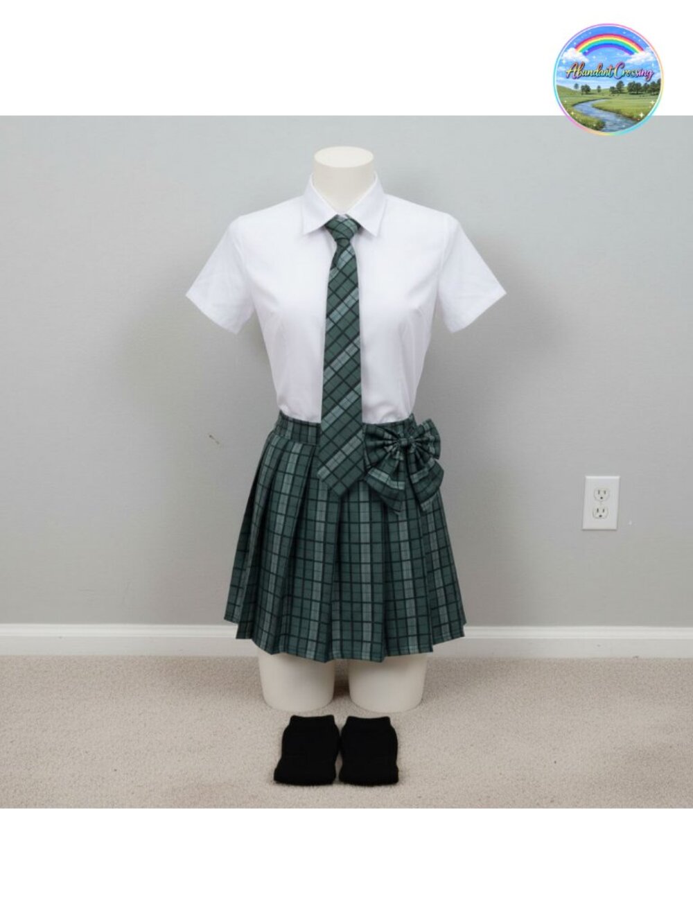 Women's Plaid Pleated Skirt Set Costume with Bow Tie and Socks